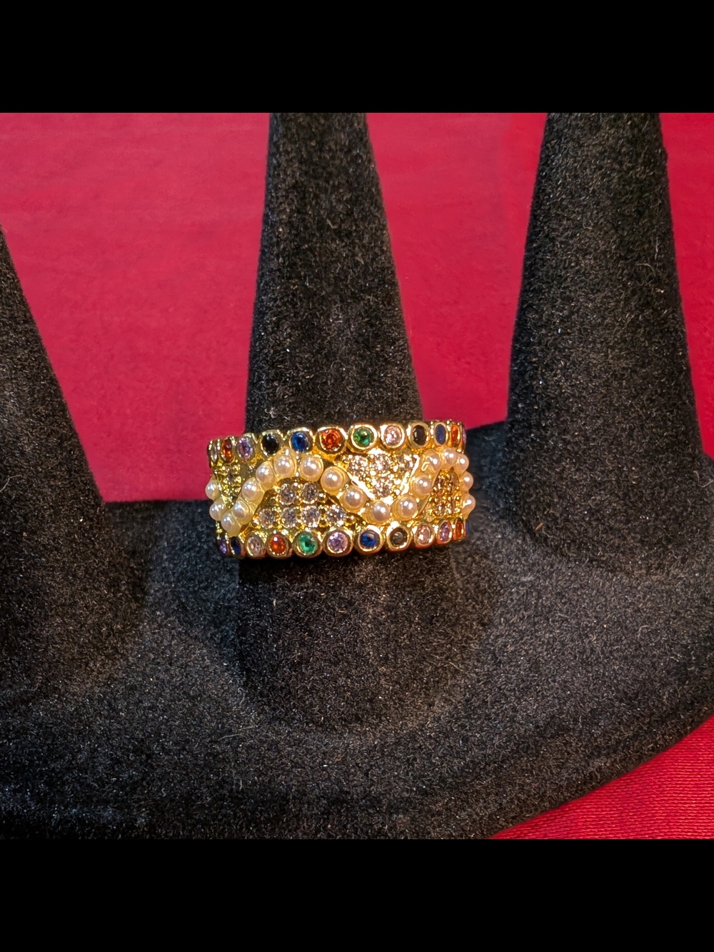 Gold Multicolor Crystal & Pearl Wide Band Ring - Women Jewelry